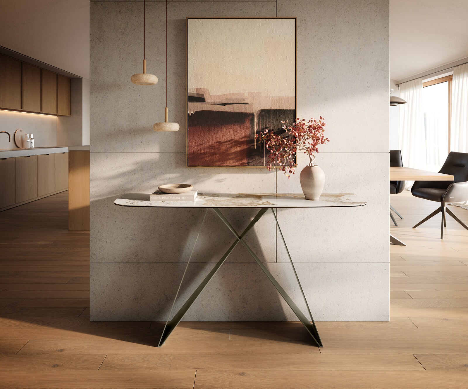 Console Edge forme bateau 140x40 cm Céramique Minas Melange Weiß-Beige Velio Métal Effektfinish Titan