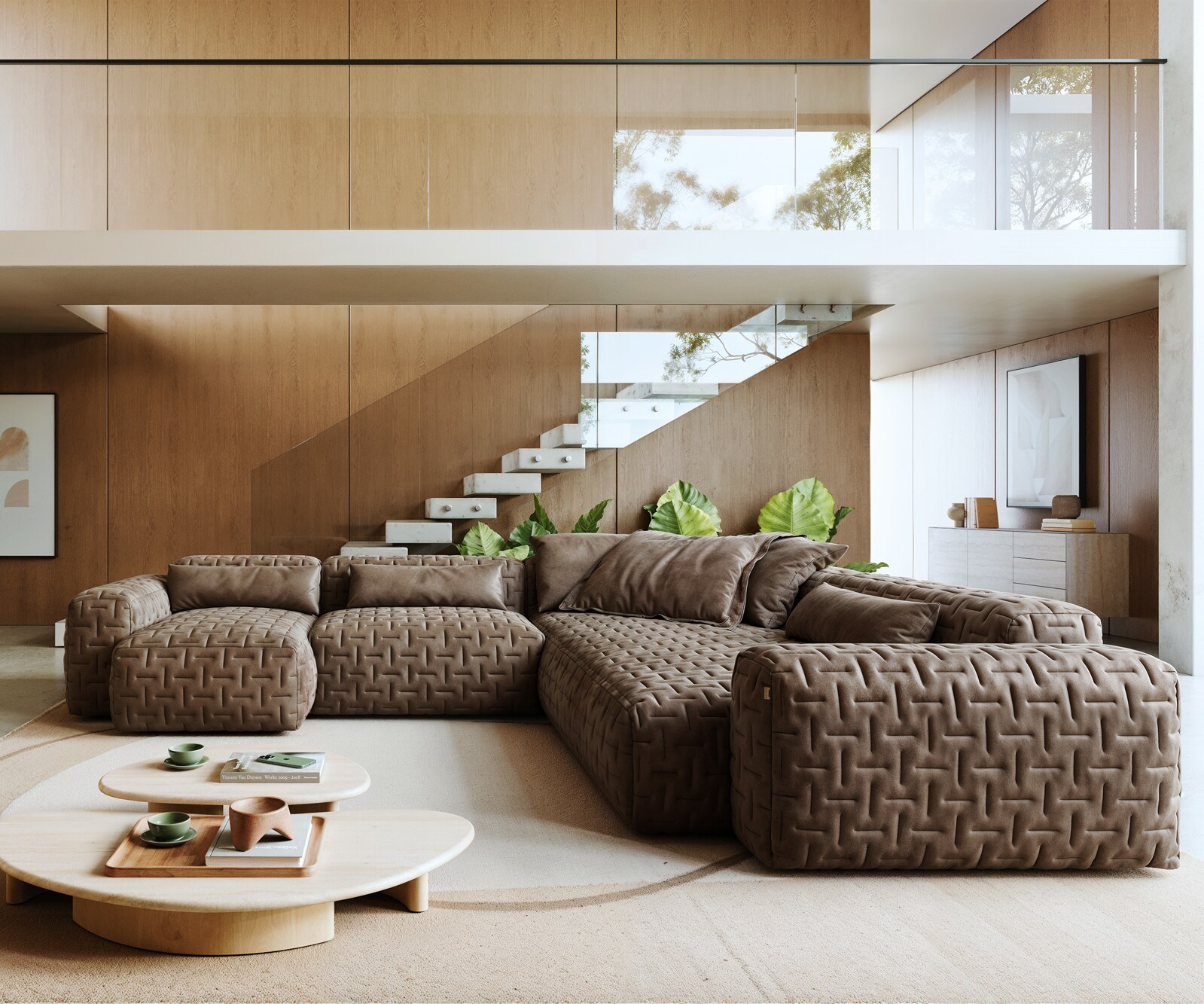 Canapé panoramique Freestyle 360x290 cm Tissu microfibre Taupe Vintage matelassé 1