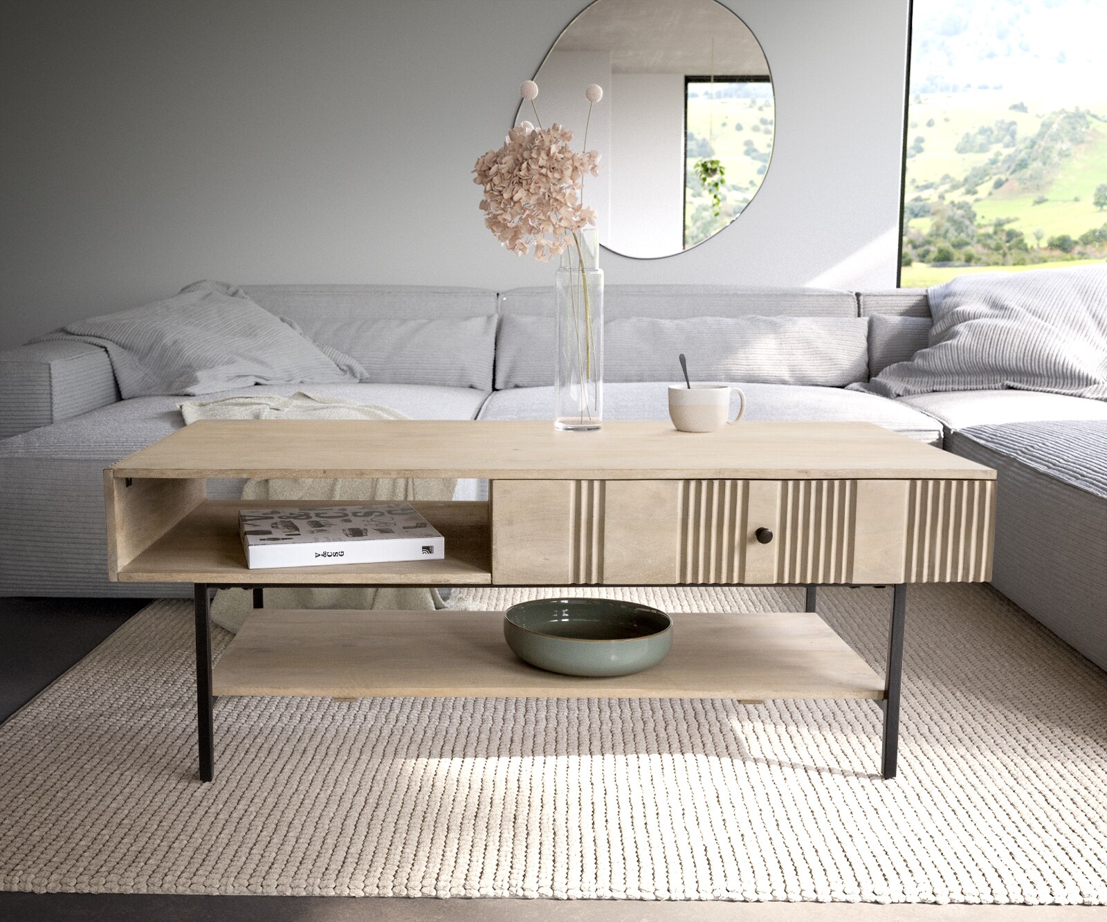 Table-basse Nereos 130x60 cm Manguier White Wash Métal noir 1
