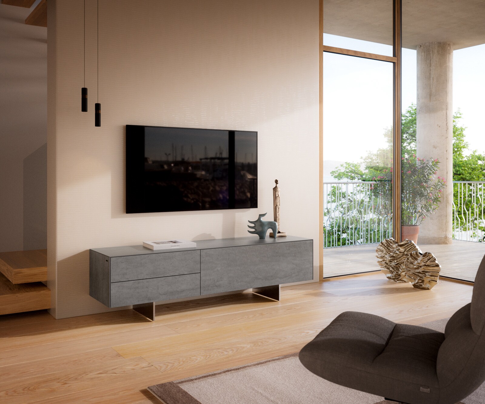 Meuble-TV Cuor 180 cm Céramique Béton gris 1 Clapet 2 Tiroirs Pied optique flottant Ancier inoxydable 1