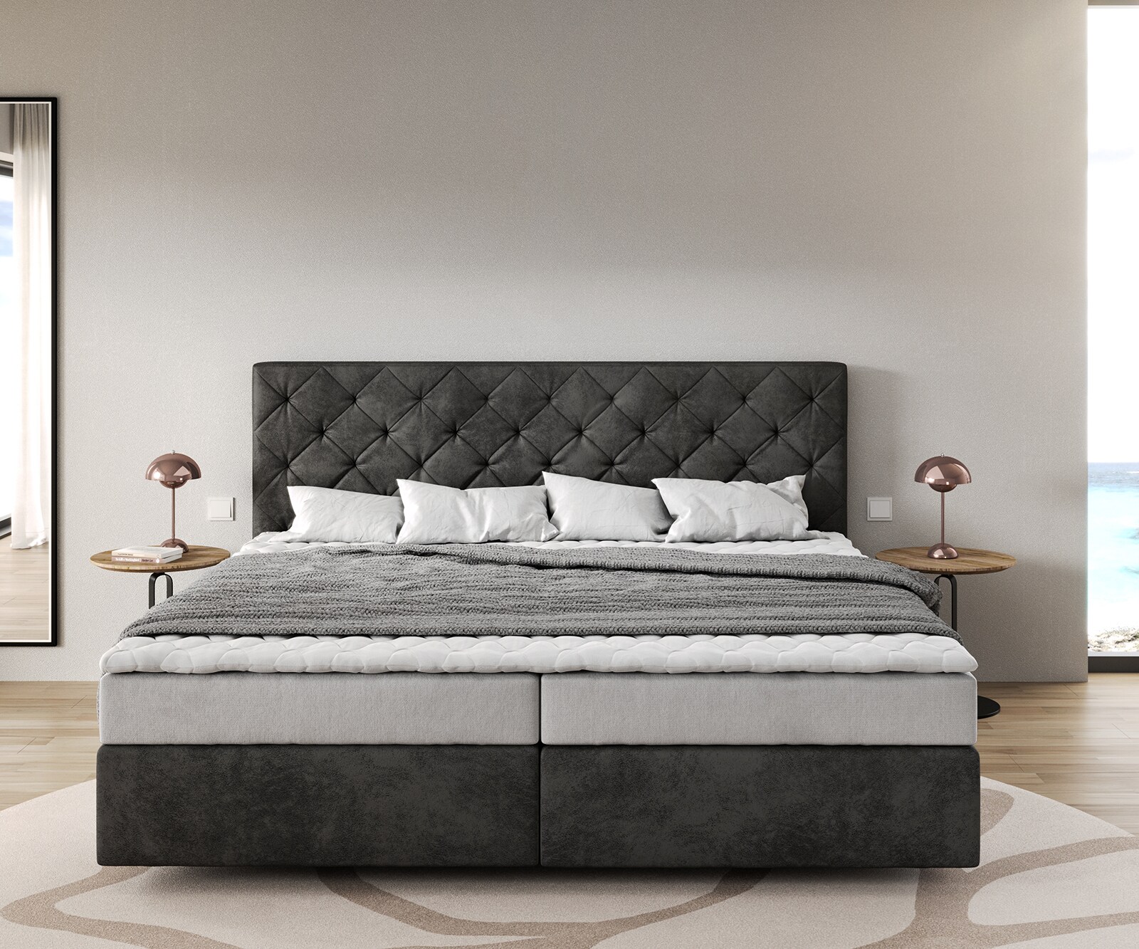 Lit-à-sommier-tapissier Dream-Great Microfibre Anthracite Vintage 200x200 cm Matelas Bonell Surmatelas PU 1