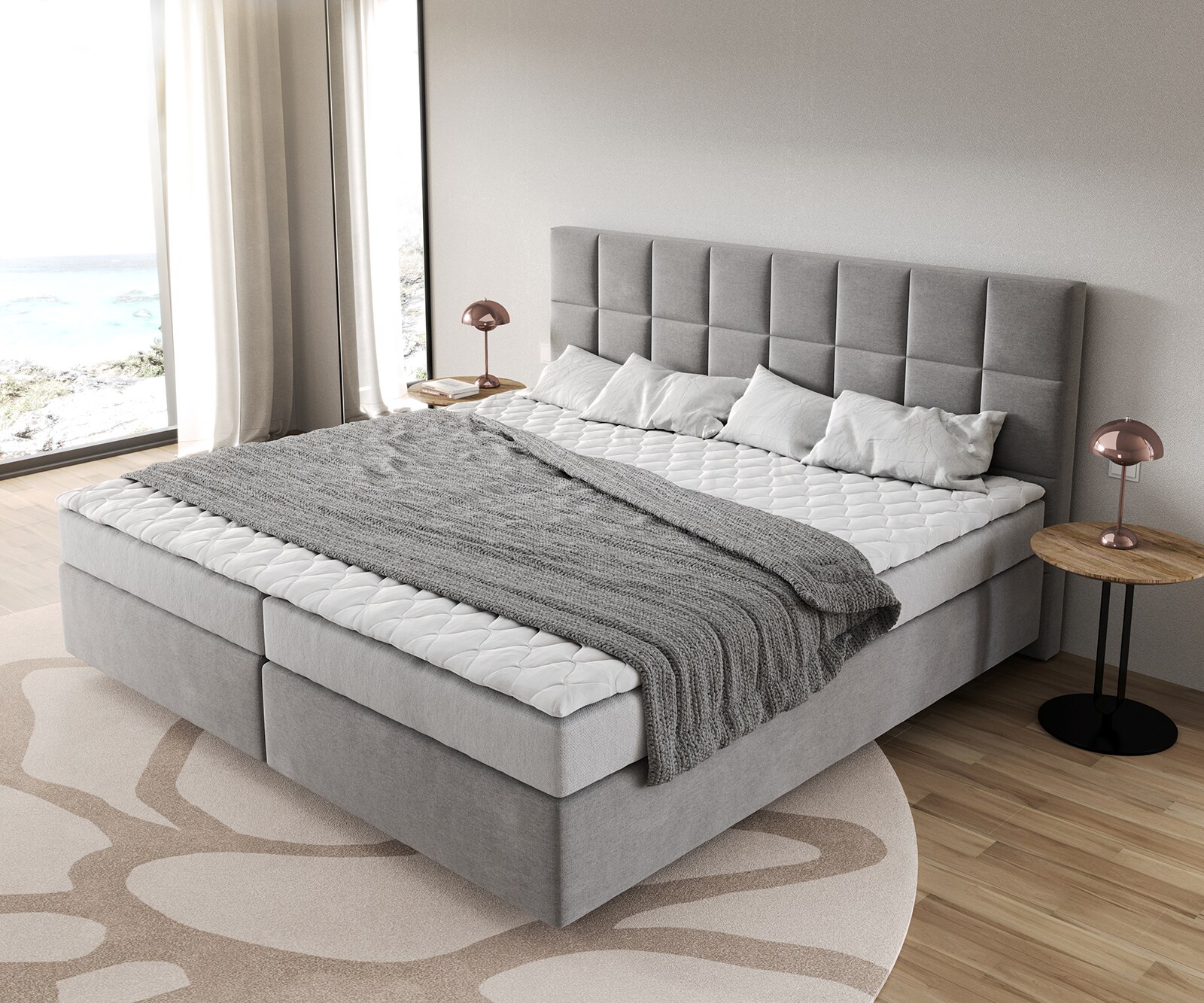 Lit-à-sommier-tapissier Dream-Fine Microfibre Gris 200x200 cm Matelas Bonell Surmatelas PU 4