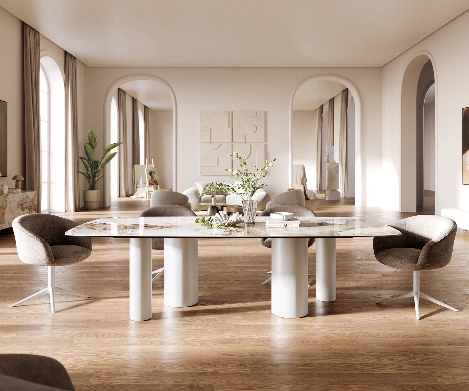 Table à manger Edge Boot 260x120 cm Céramique Minas Melange Blanc-Beige Pilier Métal Blanc 1