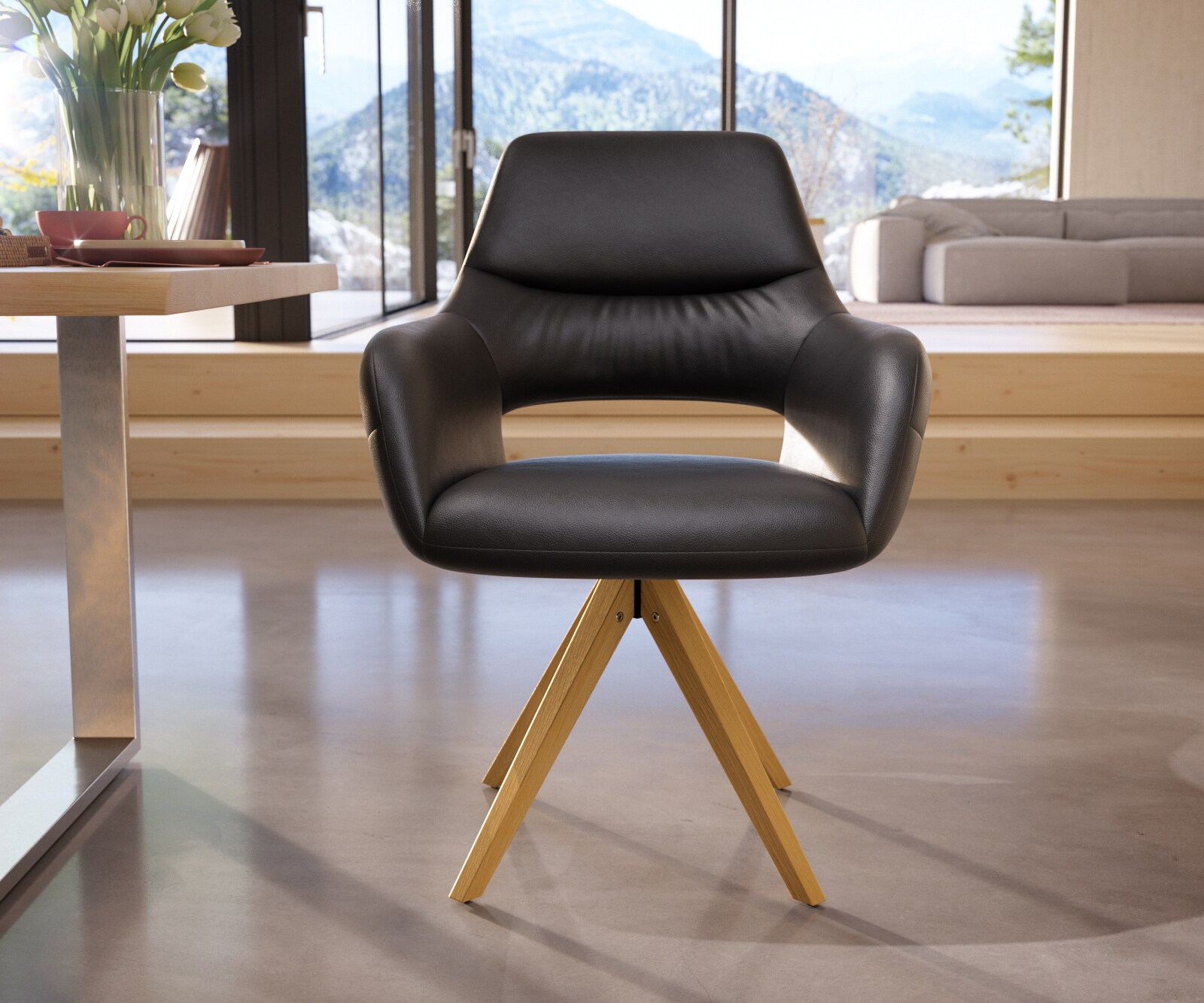Chaise-de-salle-à-manger Yago-Flex avec accoudoirs cuir de vache noir pied en bois angulaire naturel ressorts ensachés 1 Chaise-de-salle-à-manger Yago-Flex avec accoudoirs cuir de vache noir pied en bois angulaire naturel ressorts ensachés 1