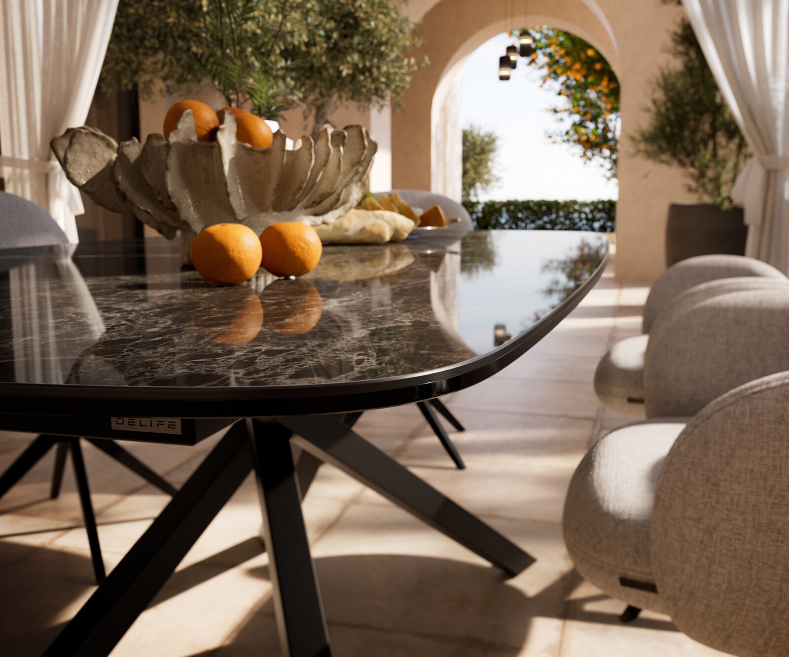 Table d’extérieur Edge Boot 240x120 cm céramique Laminam® Emperador Extra Lucidato brun foncé piètement croisé rectangulaire noir 3