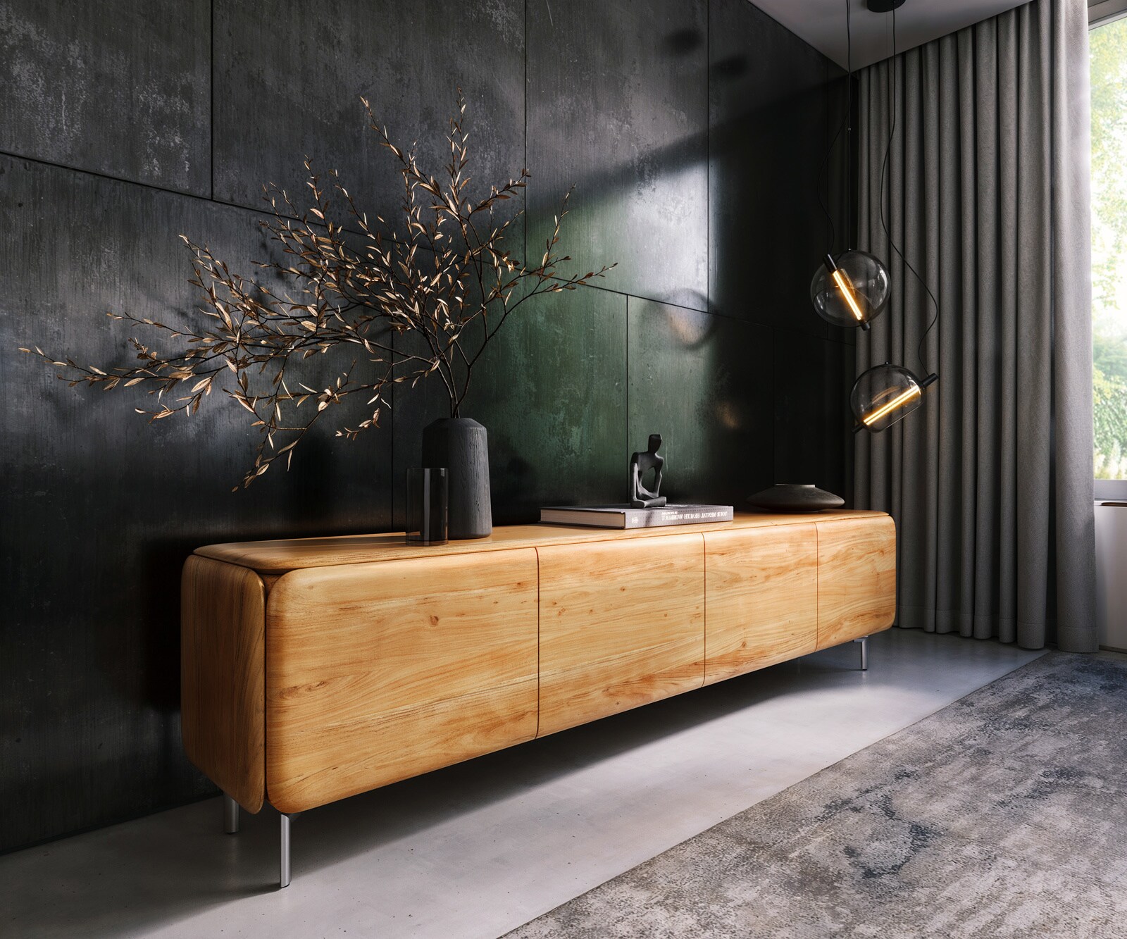 Meuble-TV Shavani 220 cm Acacia naturel 4 portes Pieds ovales en acier inoxydable 1