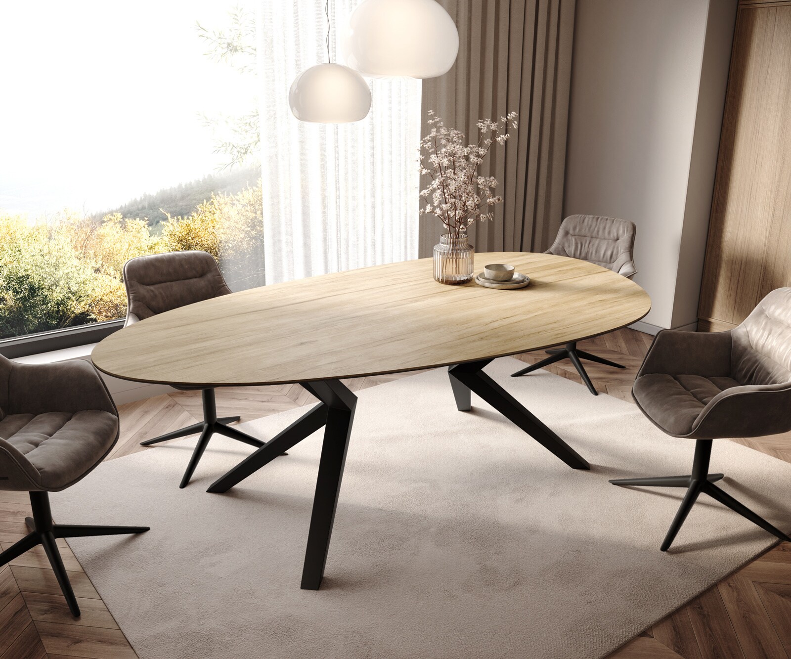 Table à manger Edge Ovale 220x120 Céramique Laminam® Sabbia Couleur chêne Zenthara anguleux Métal Noir