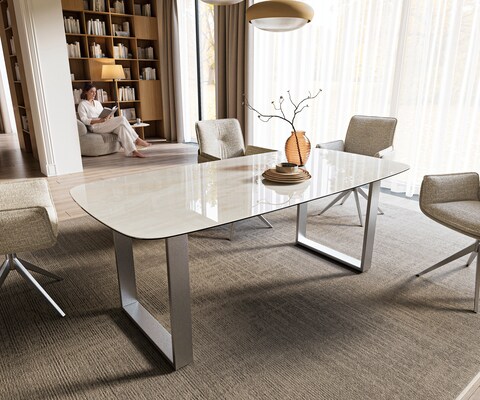 Table à manger Edge bateau 200x100 cm céramique Onyx Champagne inox large