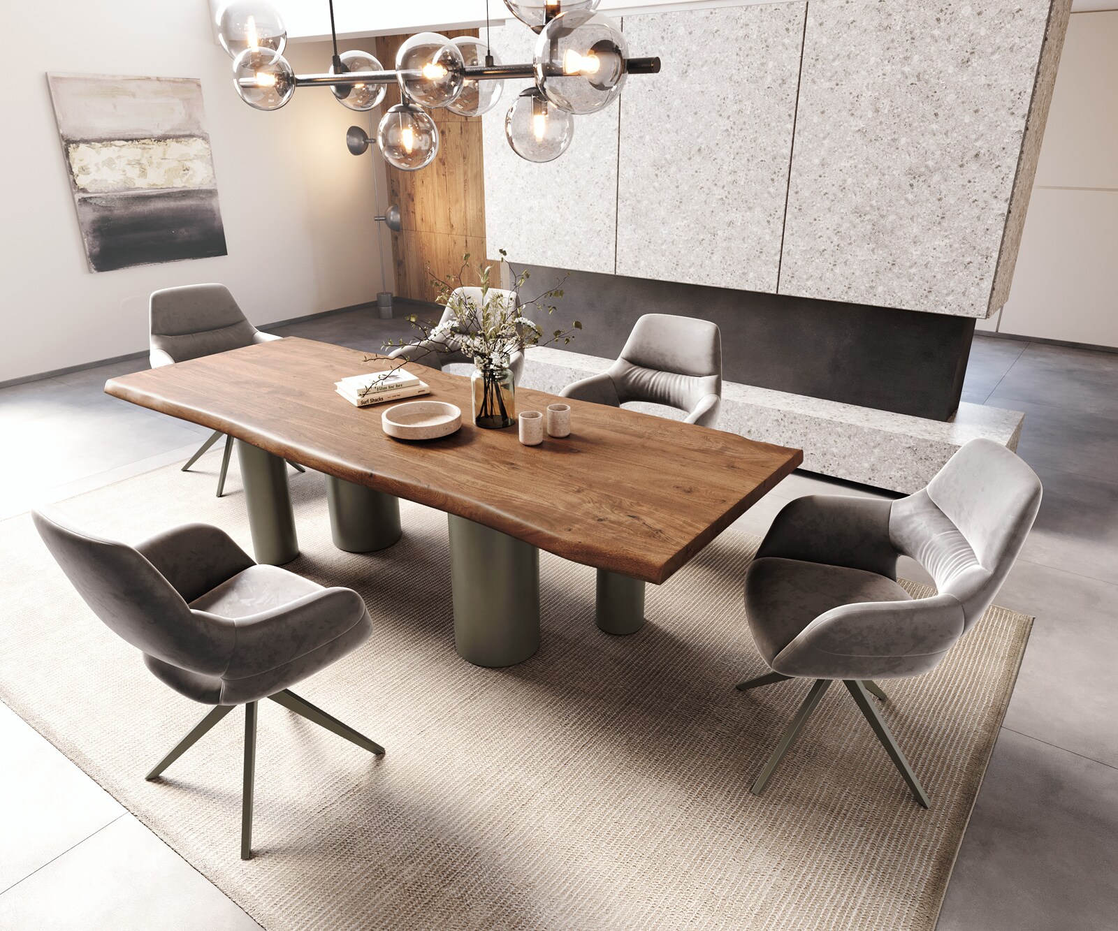 Table à manger Edge 260x100 XL Acacia Marron Pilier Métal finition à effet Titane Live-Edge 5