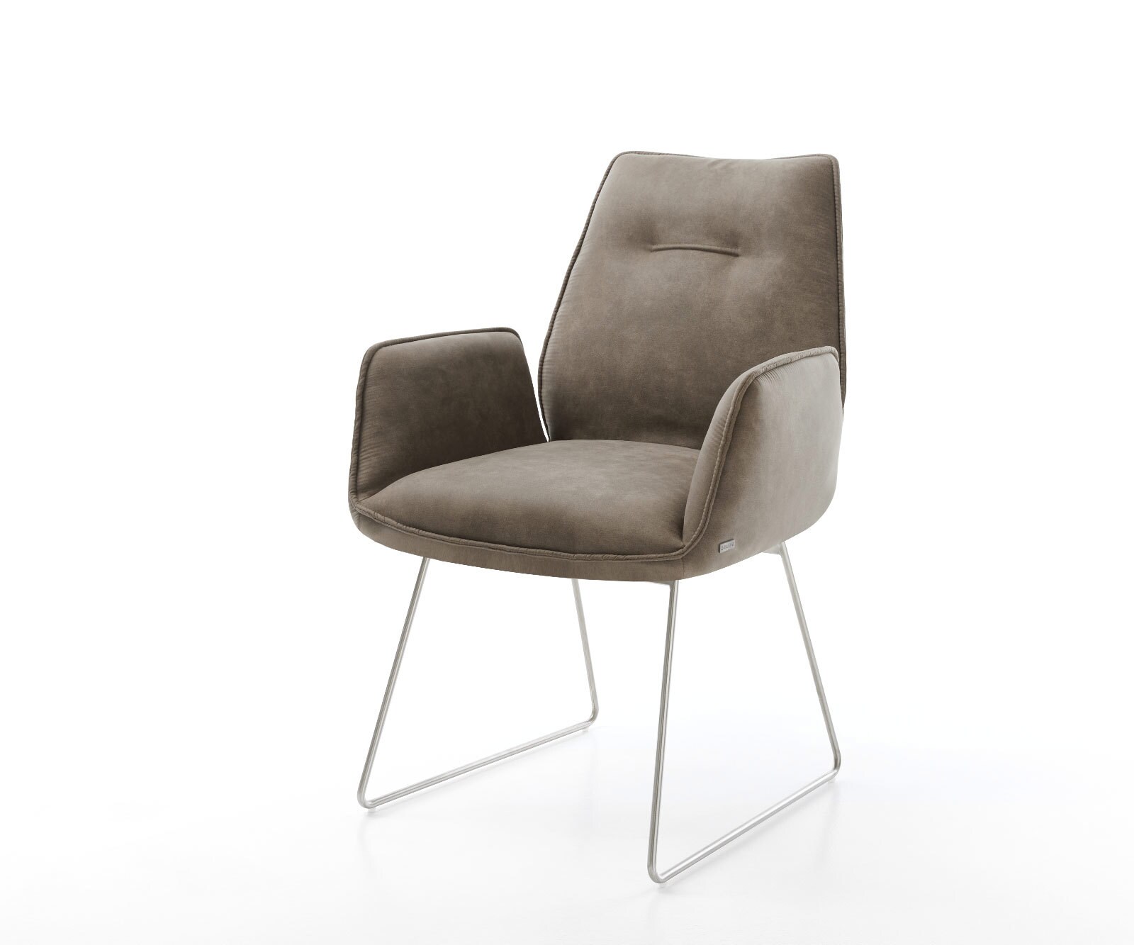 Chaise-de-salle-à-manger Zoa-Flex microvelours taupe vintage pied trapèze acier inoxydable brossé ressorts ensachés
