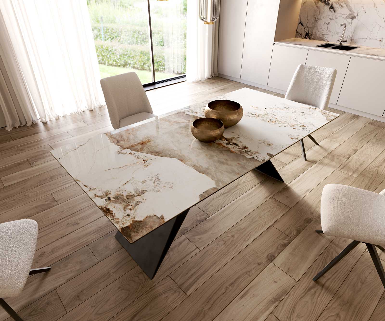 Table à manger Edge 200x100 céramique Minas mélange blanc-beige cadre en V acier plat noir 5