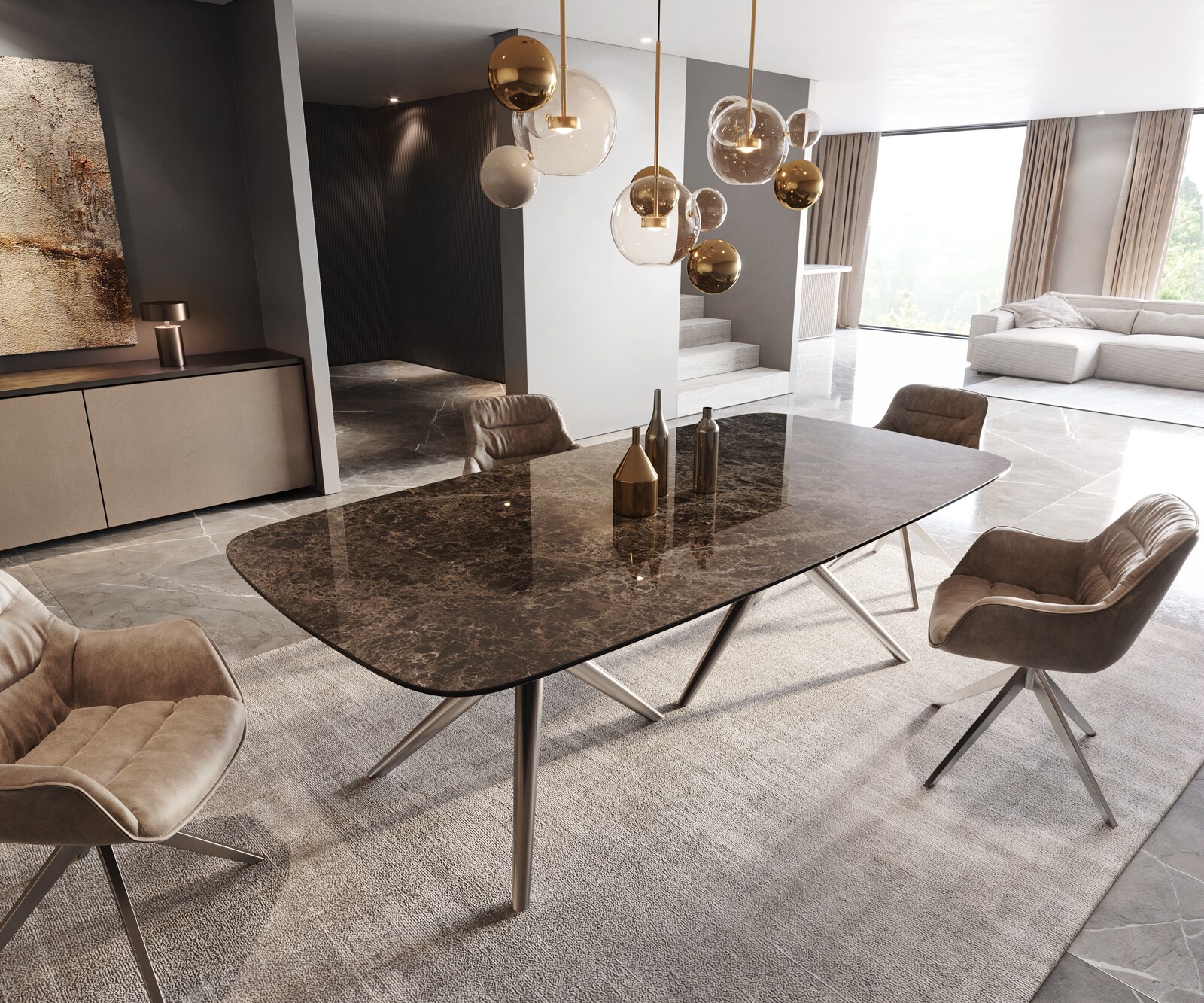 Table de salle à manger Edge Boot Céramique Emperador Extra Lucidato Brun foncé 240x120 Estelar rond Acier inoxydable 1