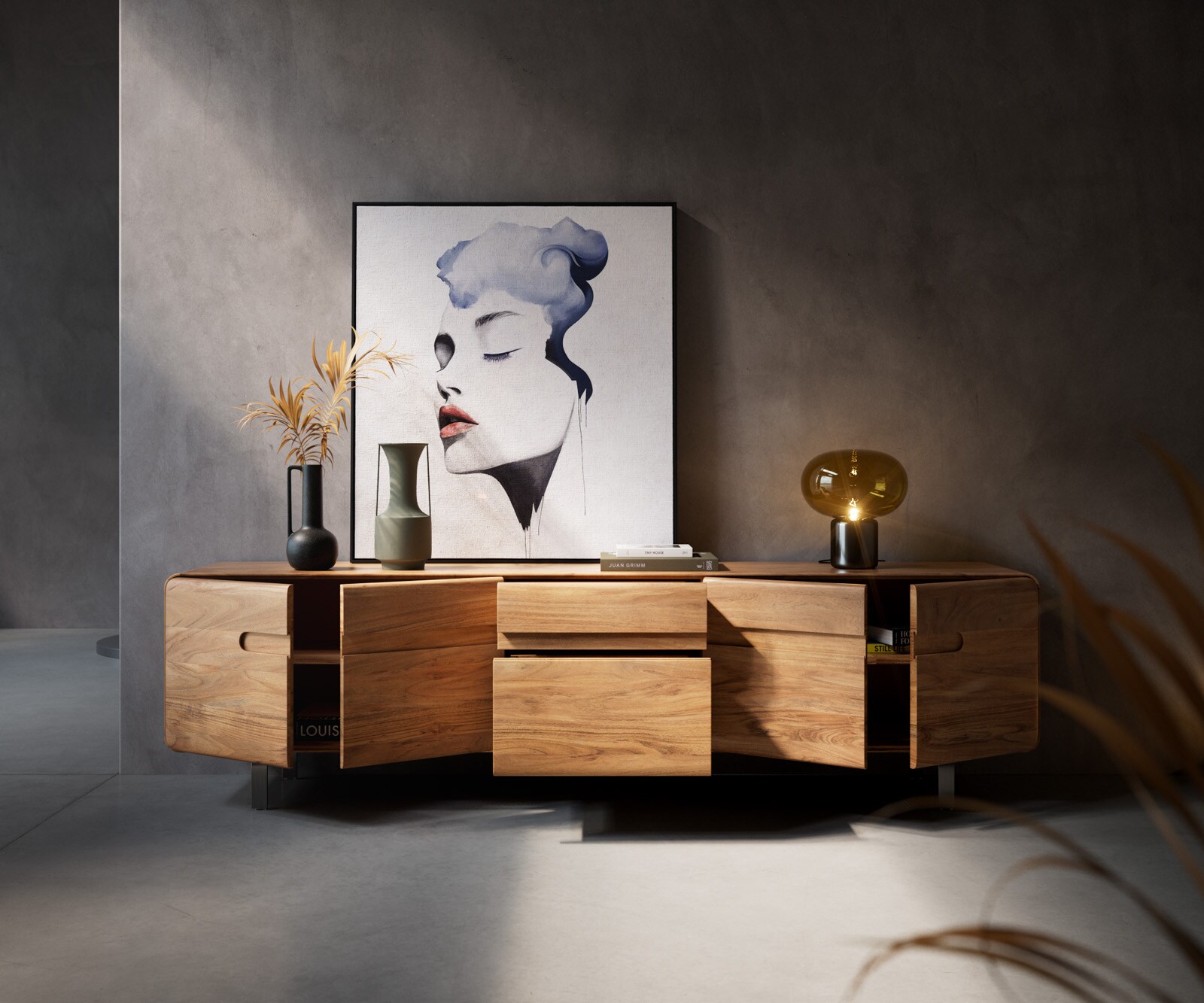 Meuble-TV Anaya 220 cm acacia naturel 4 portes 2 tiroirs pied en L inoxydable 4