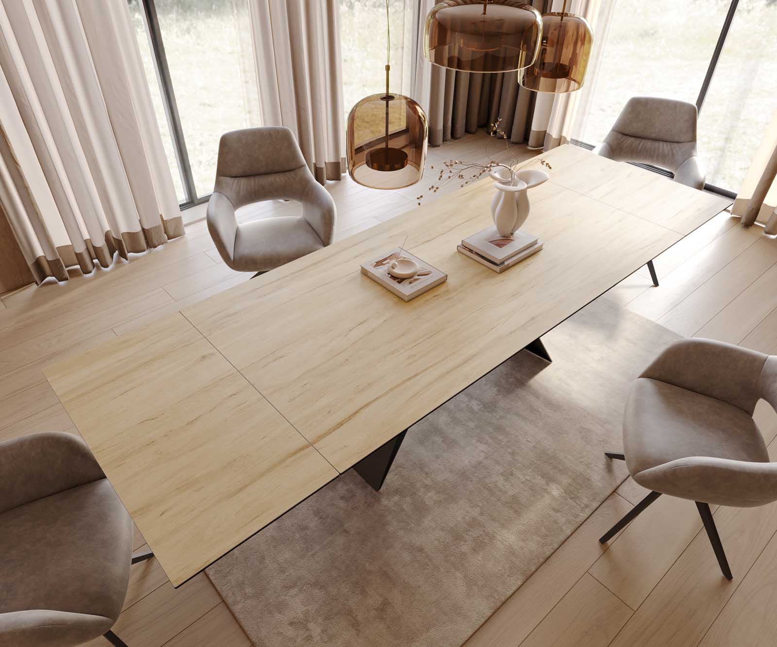 Table à manger Edge 200-300x100 céramique Laminam® Sabbia couleur chêne cadre en V acier plat noir extensible 3