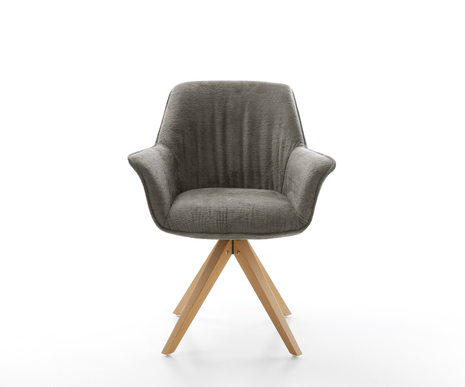 Chaise-pivotante Keila-Flex avec accoudoirs bouclé doux couleur boue pied en bois angulaire naturel pivotement sur 180° 1