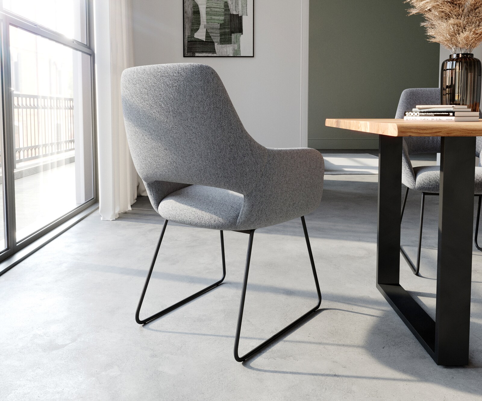 Chaise-de-salle-à-manger Yago-Flex avec accoudoirs tissu texturé gris clair pied trapèze noir ressorts ensachés 4 Chaise-de-salle-à-manger Yago-Flex avec accoudoirs tissu texturé gris clair pied trapèze noir ressorts ensachés 4