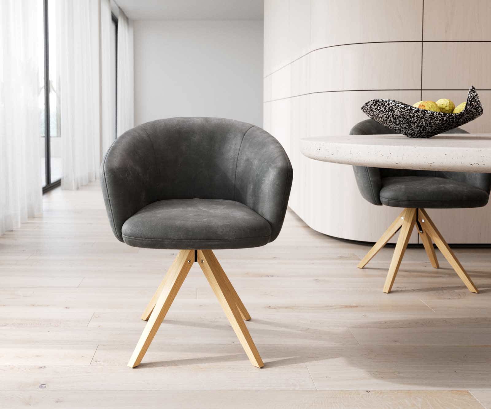 Chaise-pivotante Caja-Flex avec accoudoirs microvelours anthracite vintage pied en bois angulaire naturel pivotement sur 180° ressorts ensachés 1 Chaise-pivotante Caja-Flex avec accoudoirs microvelours anthracite vintage pied en bois angulaire naturel pivotement sur 180° ressorts ensachés 1