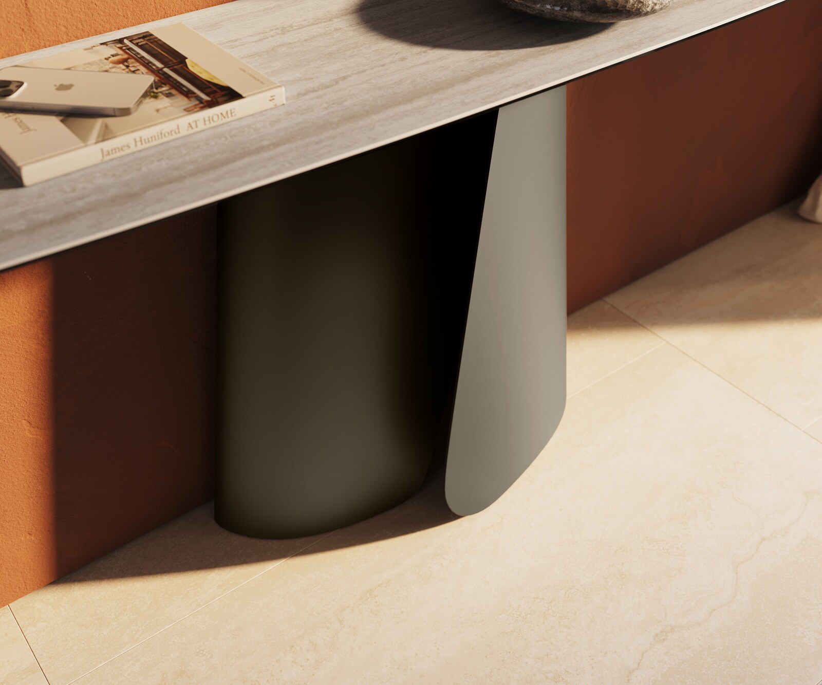 Console Edge forme bateau 180x40 cm Céramique Laminam® Travertino Bianco Creme-Weiß Livos Métal Effektfinish Titan 5