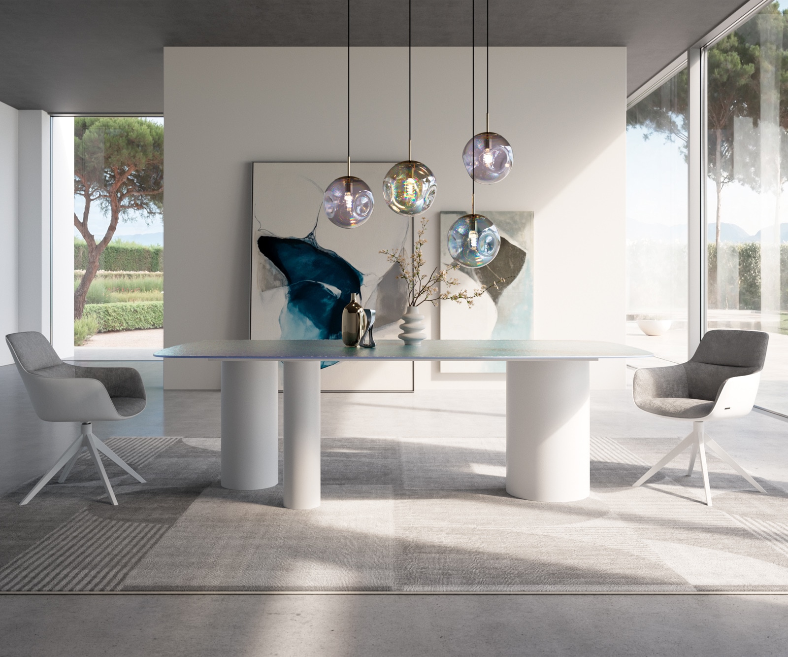 Table à manger Edge Boot 240x120 verre en relief Perlmutt 3D-Design Troa métal blanc