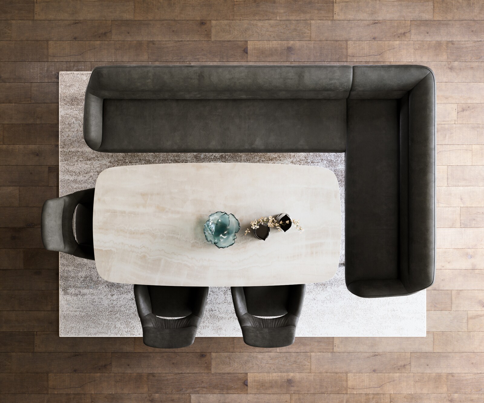 Banc-de-salle-à-manger Taya-Flex 285x190 cm microfibre antracite vintage pied croisé angulaire acier inoxydable ressort ensaché liens 6