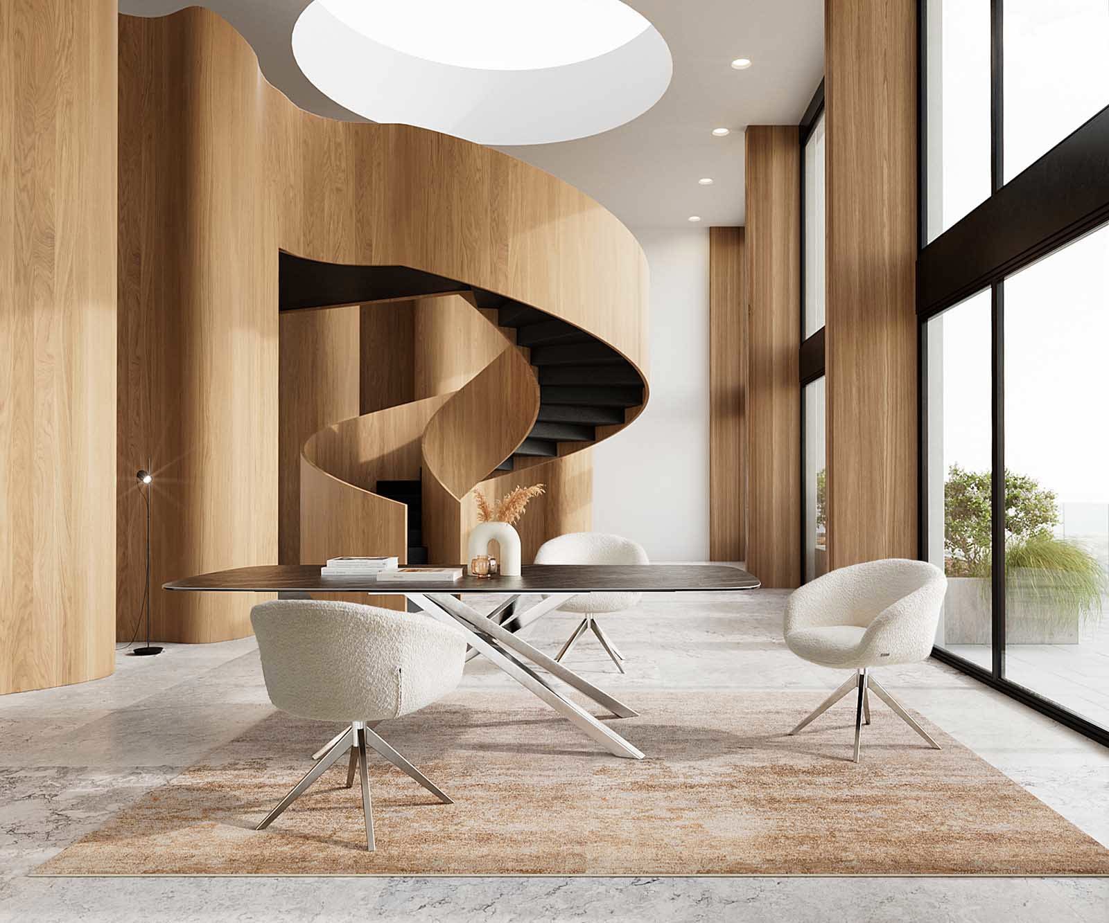 Chaise-pivotante Vinka-Flex avec accoudoirs bouclé blanc pied croisé large acier inoxydable brossé pivotement sur 360° ressorts ensachés 5 Chaise-pivotante Vinka-Flex avec accoudoirs bouclé blanc pied croisé large acier inoxydable brossé pivotement sur 360° ressorts ensachés 5