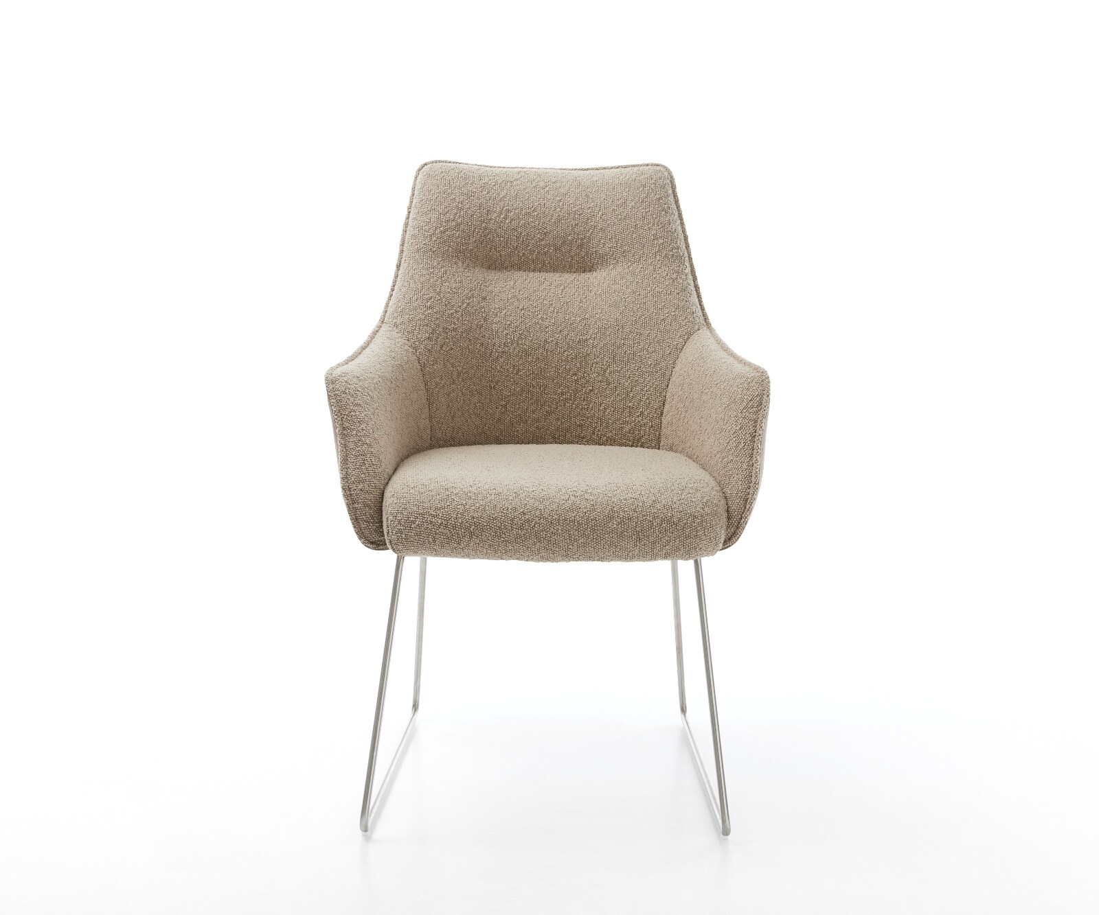 Chaise-de-salle-à-manger Alja-Flex avec accoudoirs tissu mixte couleur boue pied trapèze acier inoxydable brossé ressorts ensachés 2