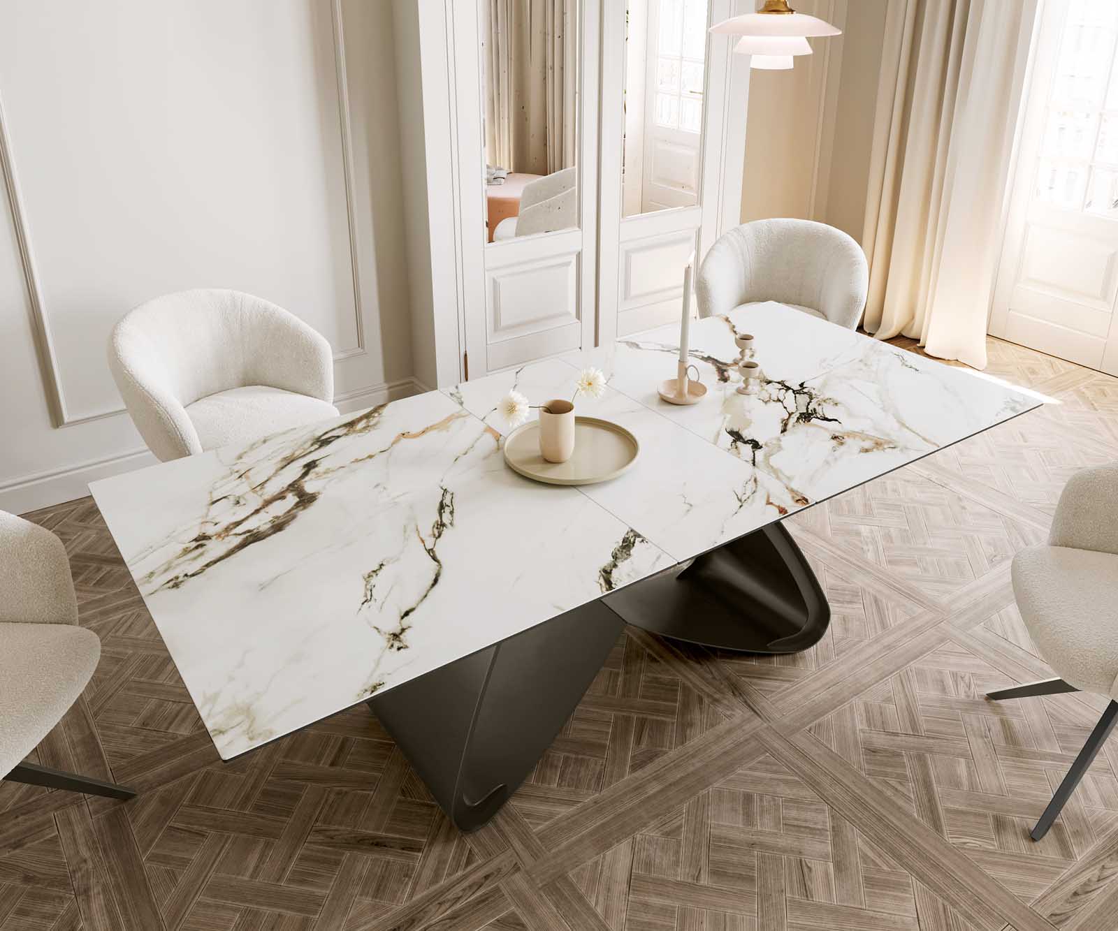 Table à manger Edge 180-220x100 Céramique Calacatta Luxe Blanc-Or-Gris cadre en W Finition Effet Titane Extensible 6