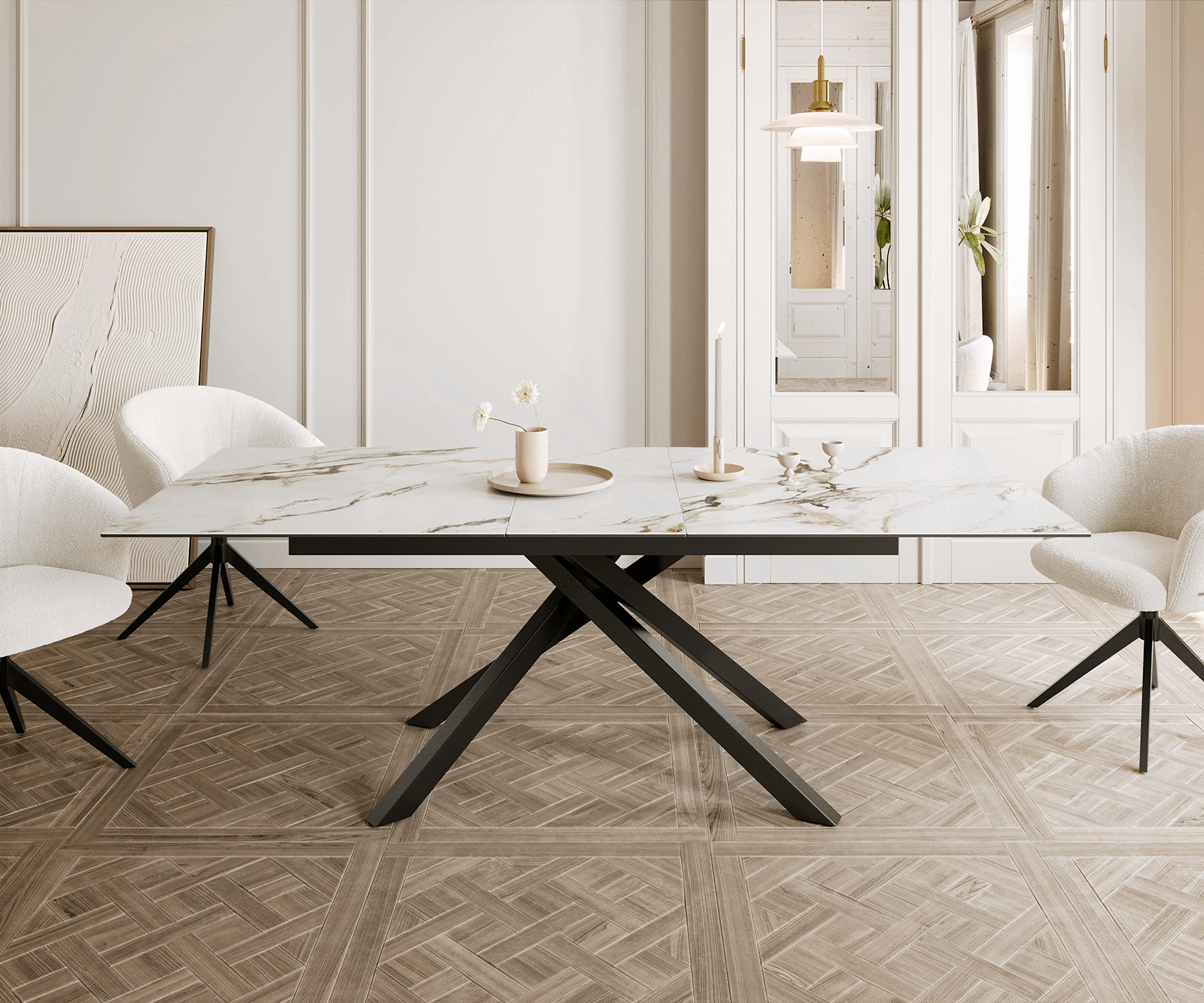 Table à manger Edge 180-220x100 céramique Calacatta Luxe blanc-doré-gris cadre croisé rectangulaire noir extensible 1