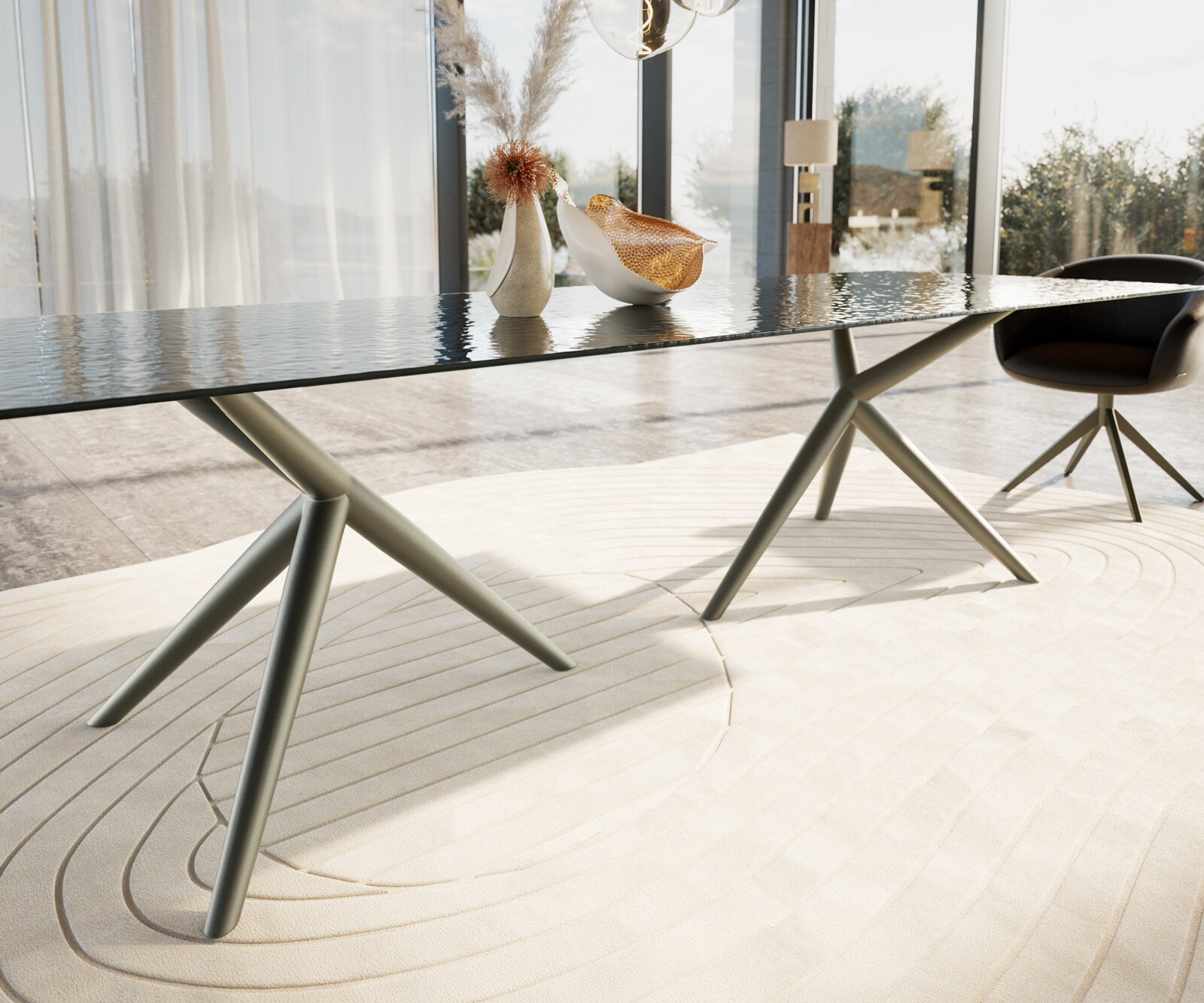 Table à manger Edge 300x100 verre en relief noir 3D-Design Estelar rond Métal finition à effet Titane 4