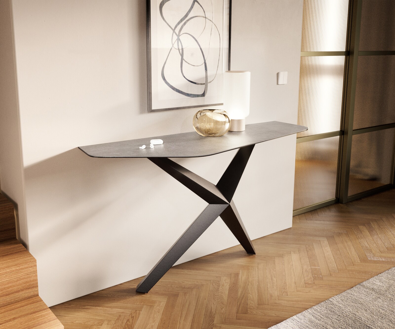 Console Edge Polygonal 140x50 cm Céramique Gris béton Zentharo Métal Noir 4