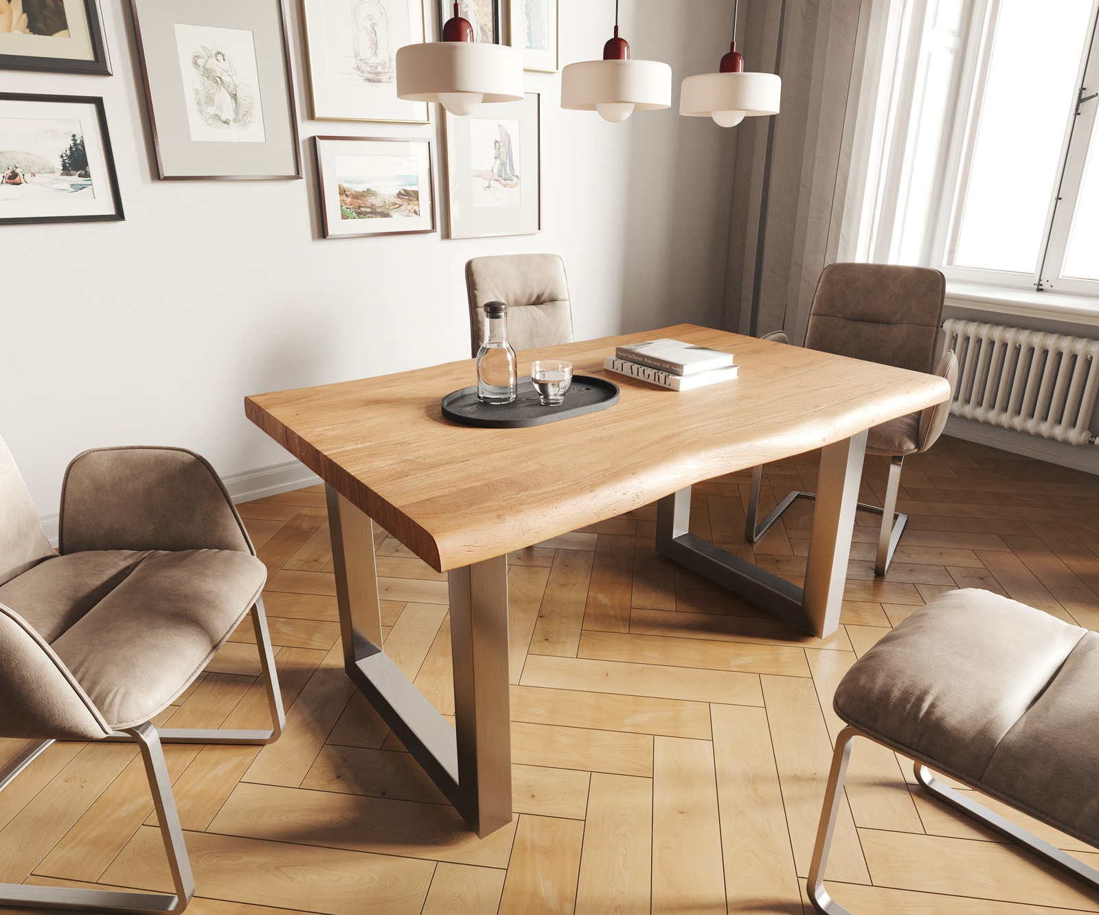 Table-à-manger Edge 140x90 XL acacia nature acier inoxydable large Live-Edge Table-à-manger Edge 140x90 XL acacia nature acier inoxydable large Live-Edge