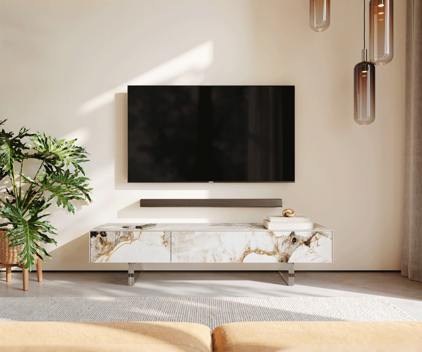 Meuble-TV Cuor 150 cm Céramique Patagonia raffinée 1 Clapet 1 Tiroir Pied optique flottant Verre acrylique 2