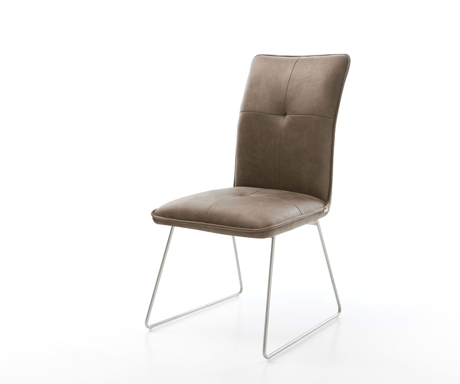 Chaise-de-salle-à-manger Maddy-Flex microvelours taupe vintage pied trapèze acier inoxydable brossé