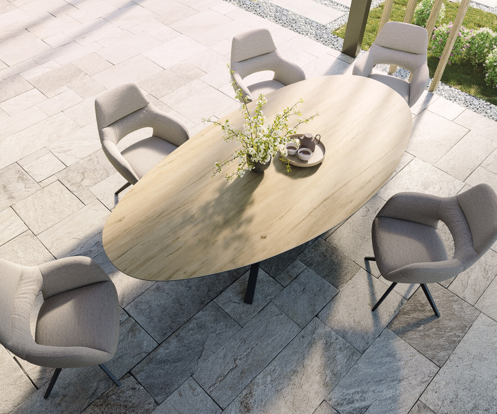 Table d’extérieur Edge Ovale 280x130 cm céramique Laminam® Sabbia couleur chêne piètement croisé rectangulaire noir 3