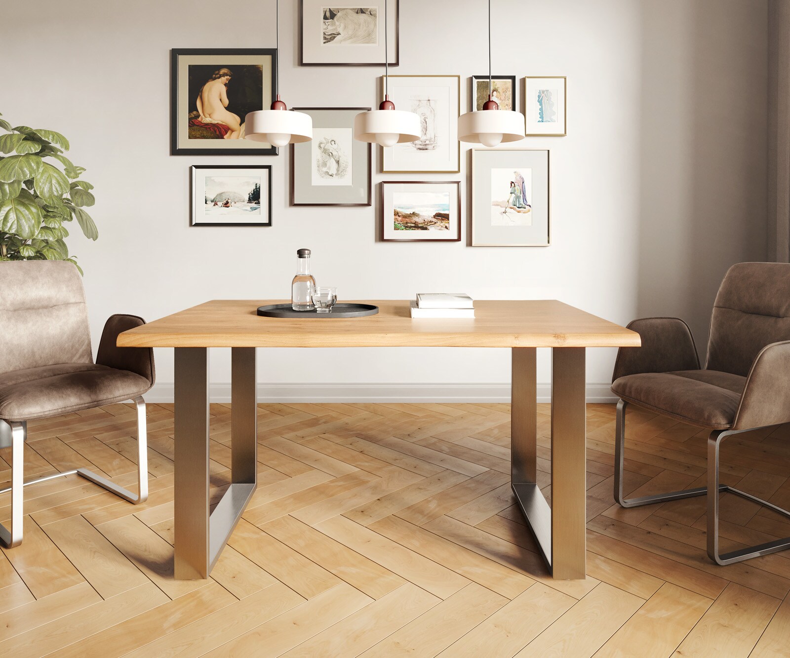 Table-à-manger Edge 140x90 acacia nature acier inoxydable mince Live-Edge 1 Table-à-manger Edge 140x90 acacia nature acier inoxydable mince Live-Edge 1