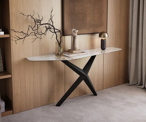 Console Edge Polygonal 180x50 cm Céramique Minas Melange Weiß-Beige Zentharo Métal Noir