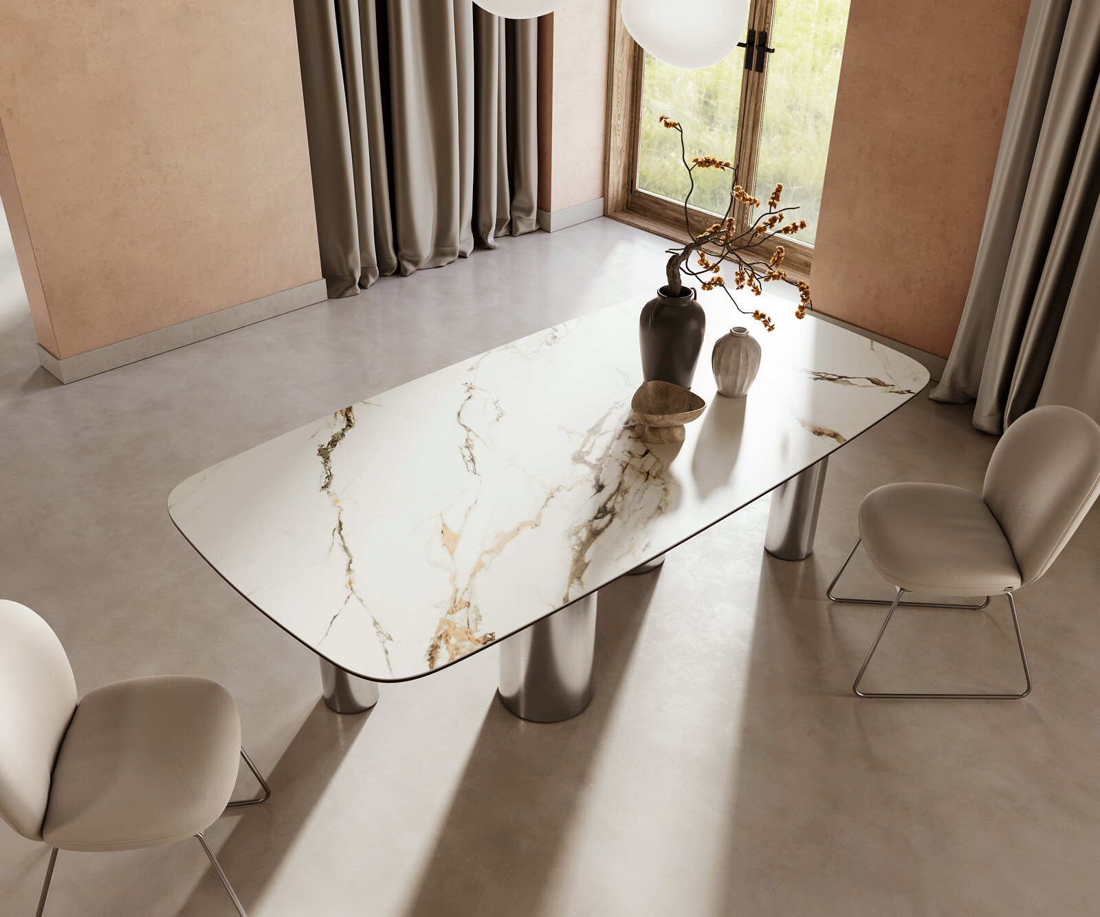 Table à manger Edge Boot 240x120cm céramique Calacatta Luxe blanc-doré-gris Pilier acier inoxydable 4