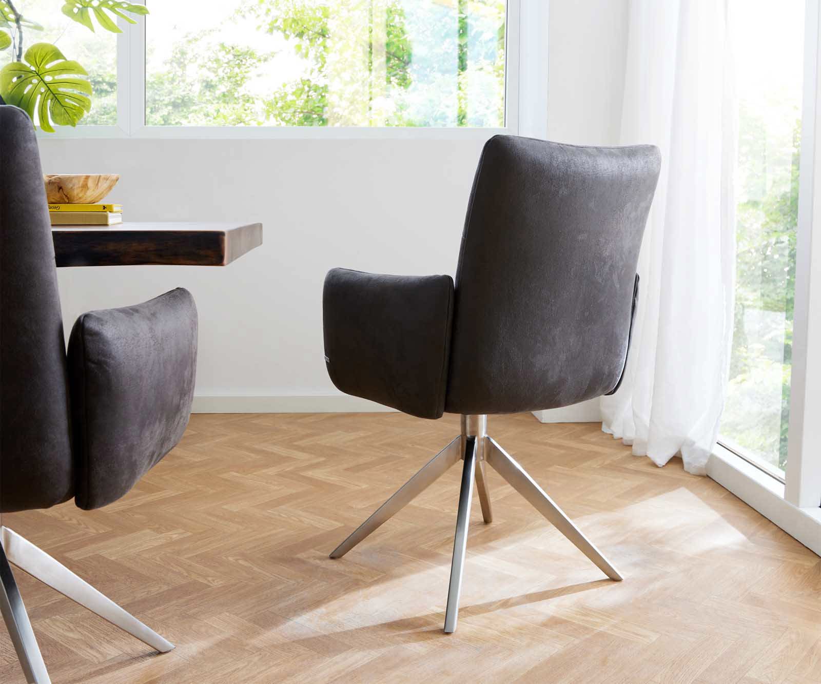 Chaise-pivotante Jova-Flex avec accoudoirs microvelours anthracite vintage pied croisé large acier inoxydable brossé pivotement sur 360° ressorts ensachés 4 Chaise-pivotante Jova-Flex avec accoudoirs microvelours anthracite vintage pied croisé large acier inoxydable brossé pivotement sur 360° ressorts ensachés 4