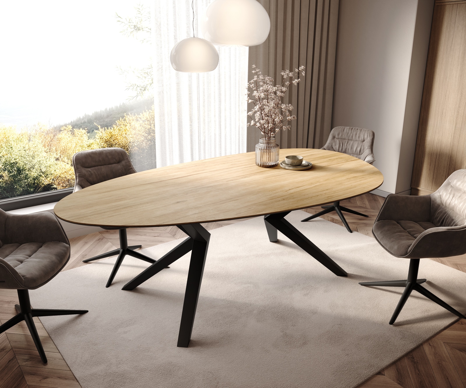 Table à manger Edge Ovale 220x120 Céramique Laminam® Sabbia Couleur chêne Zenthara anguleux Métal Noir 1