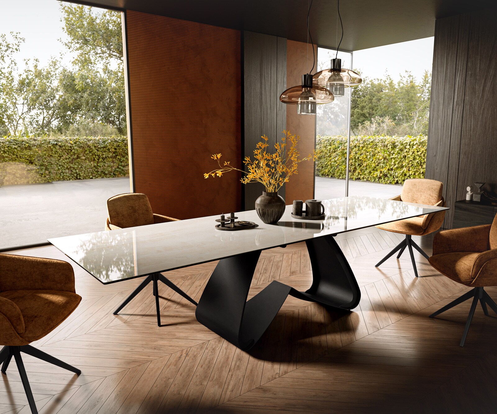 Table à manger Edge 300x100 cm céramique Onyx Champagne piètement en W métal noir