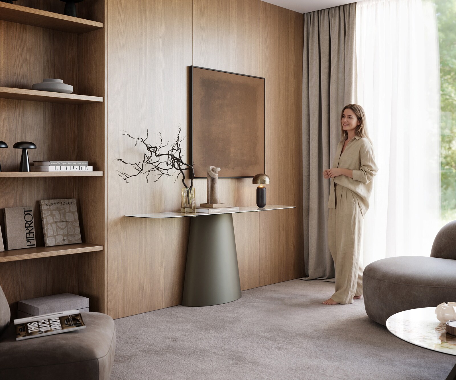 Console Edge forme bateau 180x40 cm Céramique Minas Melange Weiß-Beige Conos Métal Effektfinish Titan 7