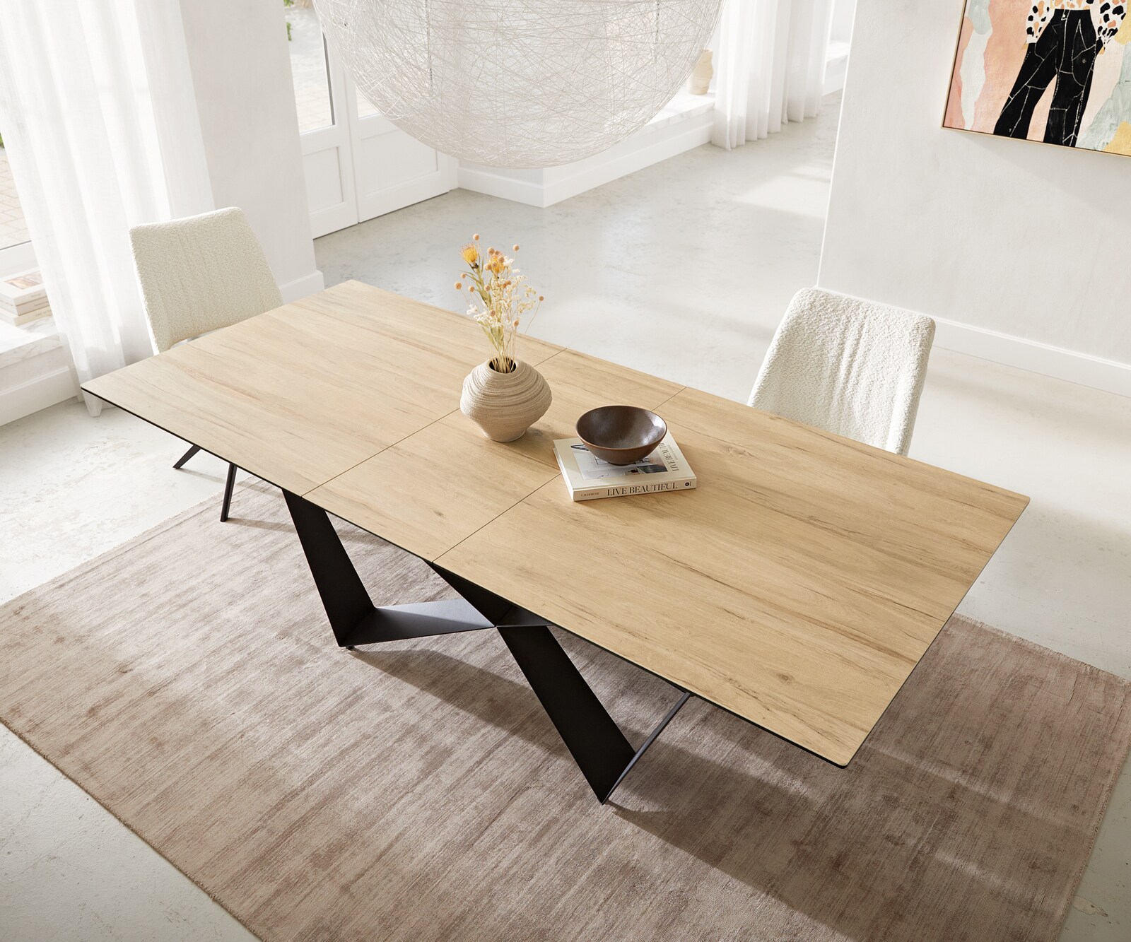 Table à manger Edge 180-220x100 céramique Laminam® Sabbia couleur chêne Spider acier plat noir extensible 6