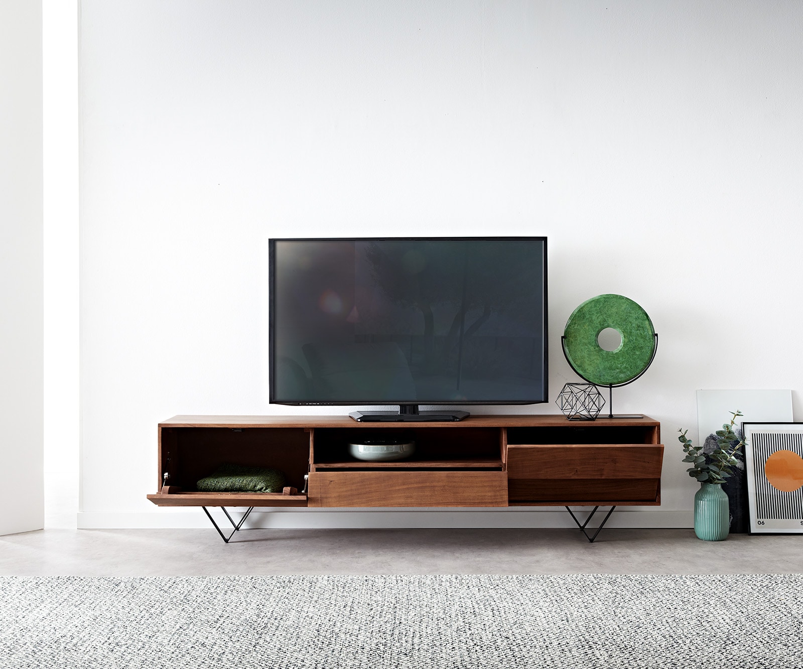 Meuble-TV Eloi 200x35 cm acacia marron 2 portes 1 tiroir pied en V noir 3 Meuble-TV Eloi 200x35 cm acacia marron 2 portes 1 tiroir pied en V noir 3