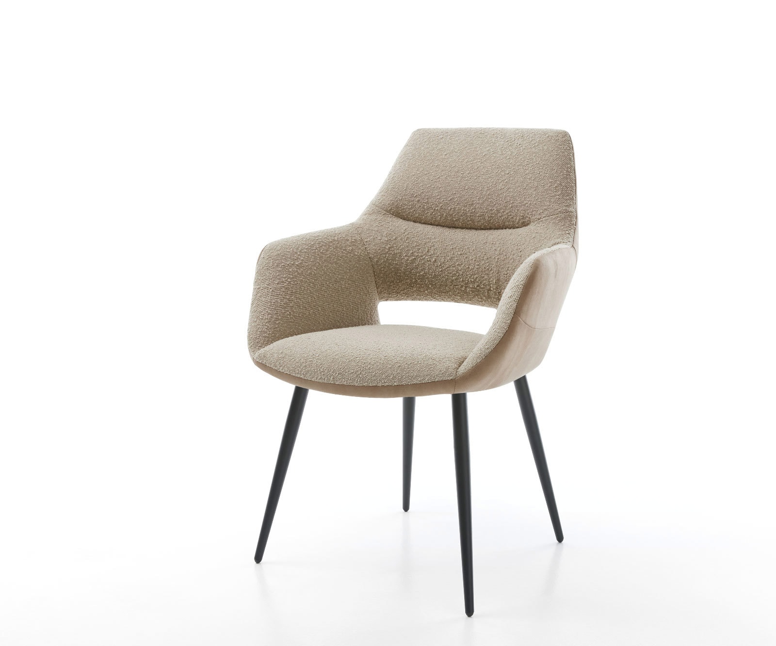 Chaise-de-salle-à-manger Yago-Flex avec accoudoirs tissu mixte couleur boue 4 pieds coniques noir ressorts ensachés 1