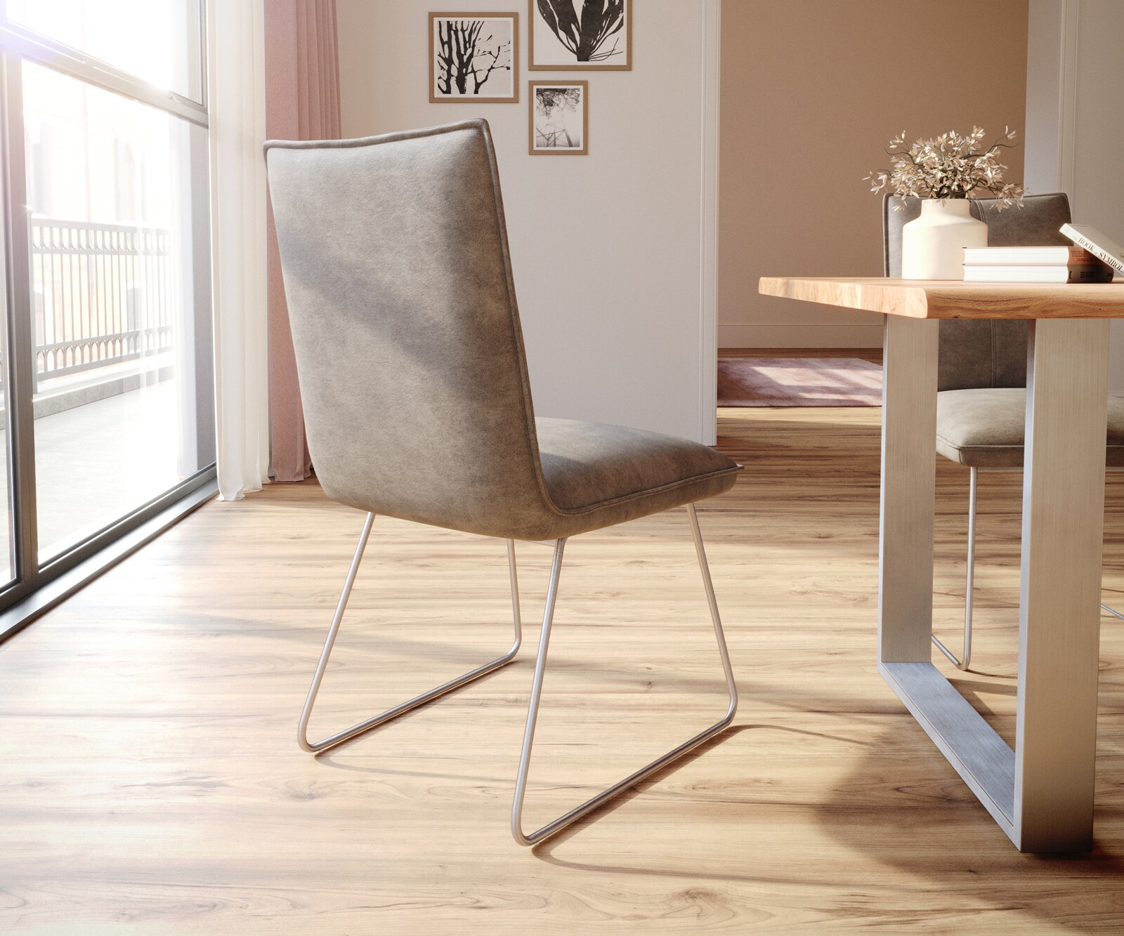 Chaise-de-salle-à-manger Lelio-Flex microvelours taupe vintage pied trapèze acier inoxydable brossé ressorts ensachés 4 Chaise-de-salle-à-manger Lelio-Flex microvelours taupe vintage pied trapèze acier inoxydable brossé ressorts ensachés 4