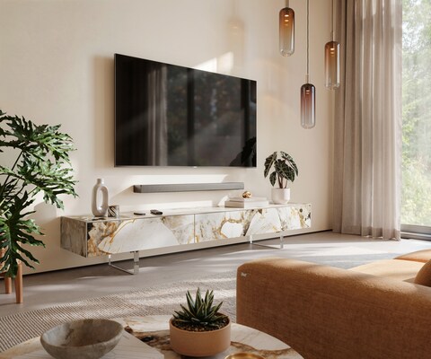 Meuble-TV Cuor 200 cm Céramique Patagonia raffinée 1 Clapet 1 Tiroir Pied optique flottant Verre acrylique