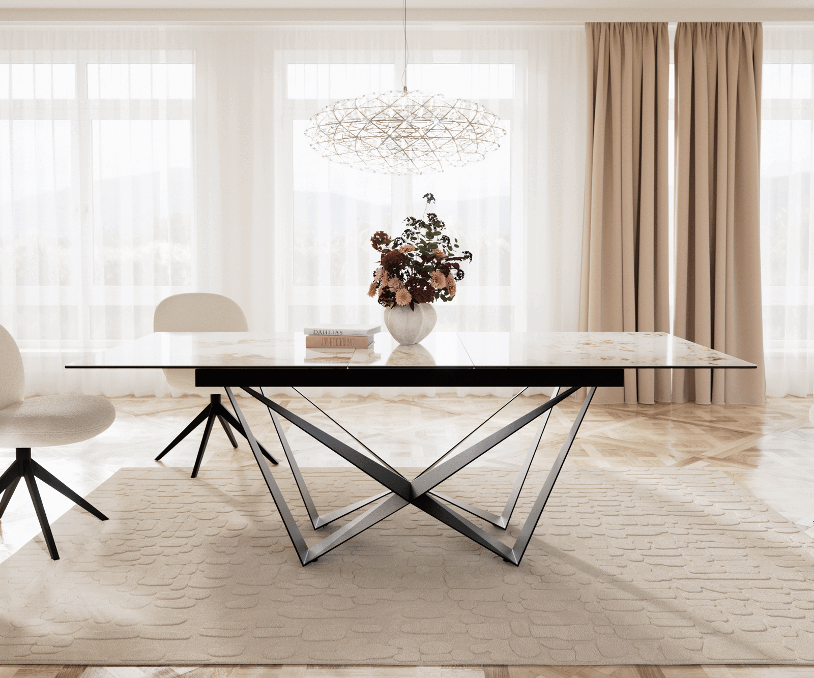 Table à manger Edge 180-220x100 céramique Minas mélange blanc-beige Spider acier plat noir extensible 1