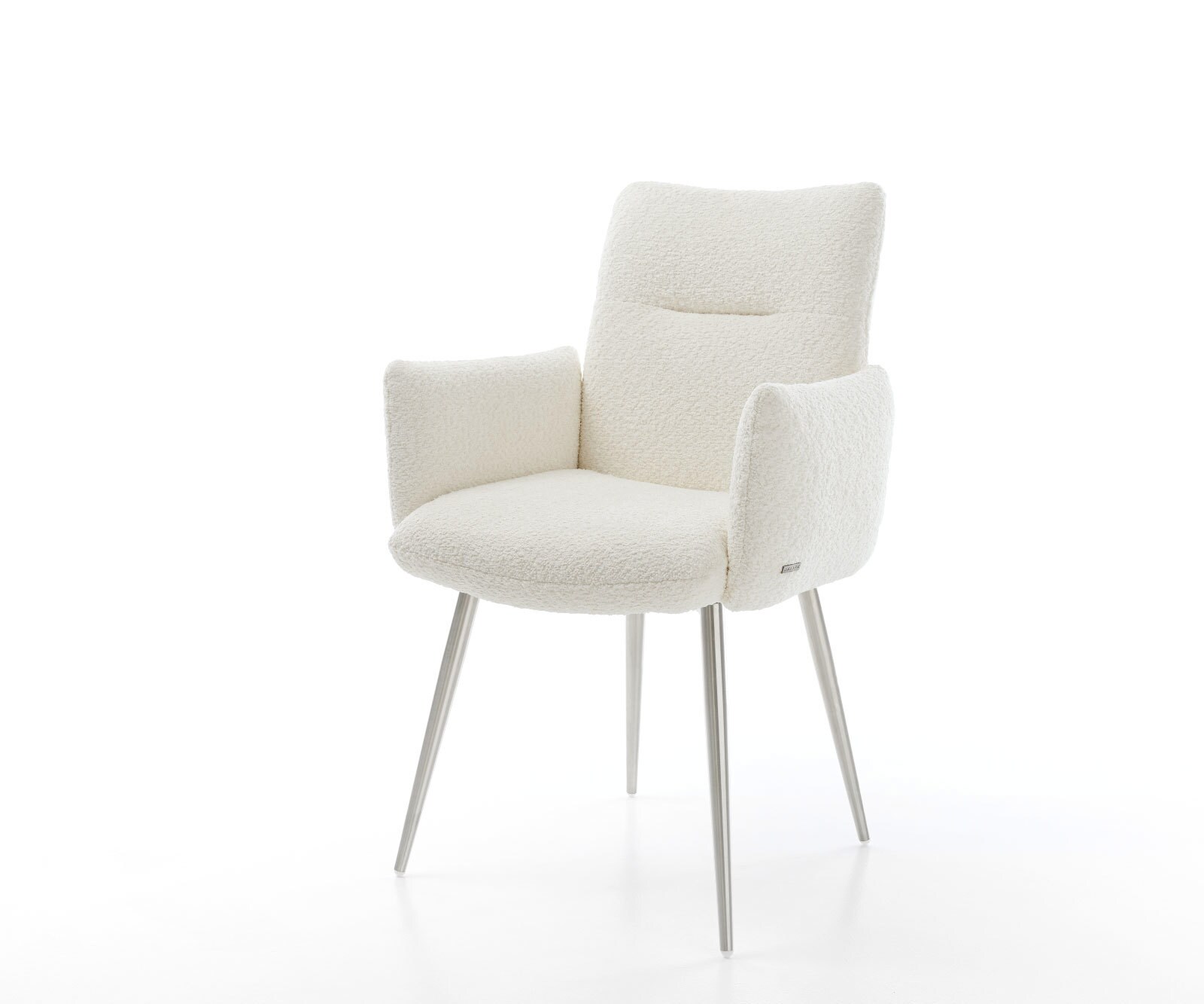 Chaise-de-salle-à-manger Jova-Flex avec accoudoirs bouclé blanc 4 pieds coniques acier inoxydable brossé ressorts ensachés