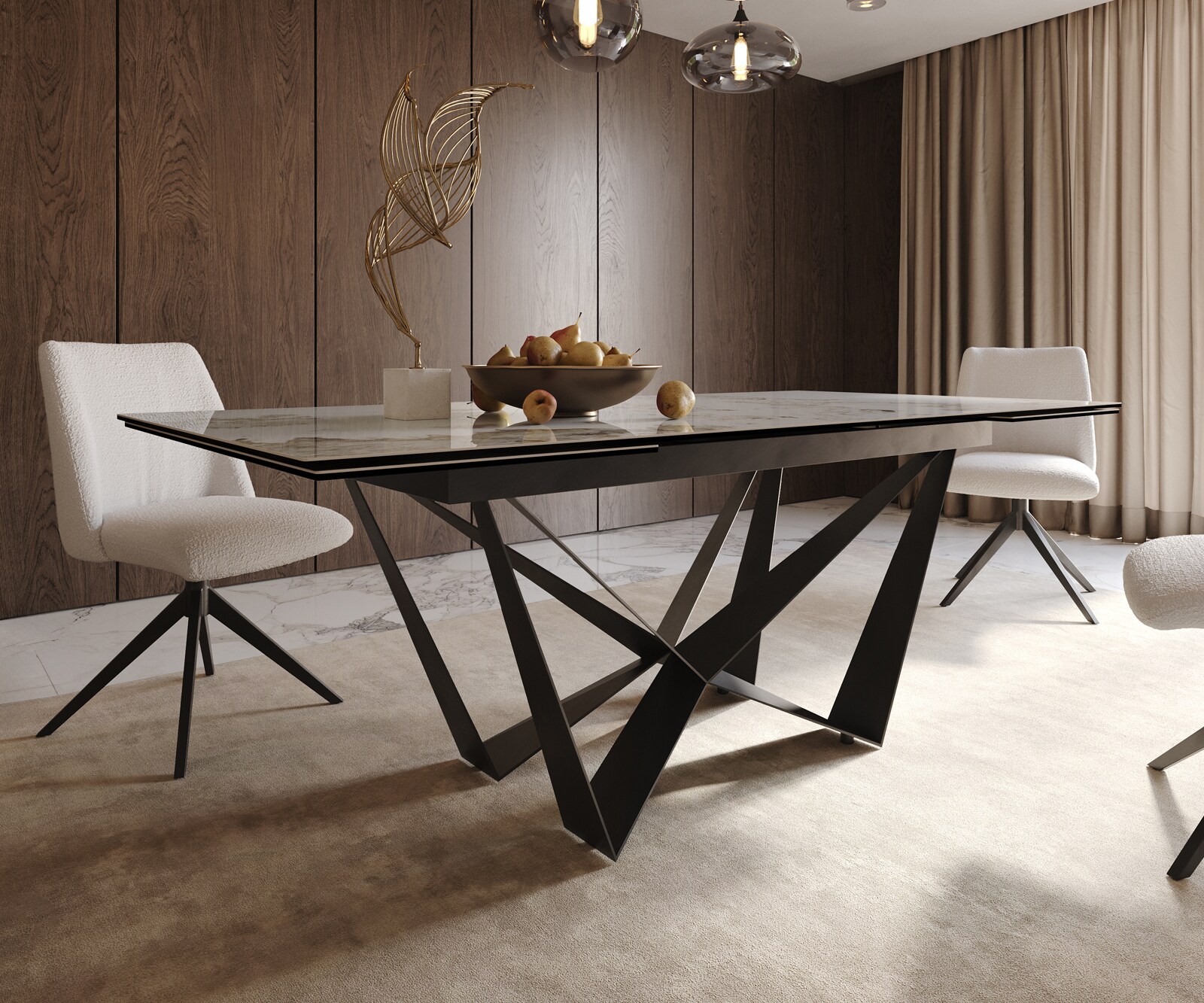Table à manger Edge 200-300x100 céramique Minas mélange blanc-beige Spider acier plat noir extensible 6