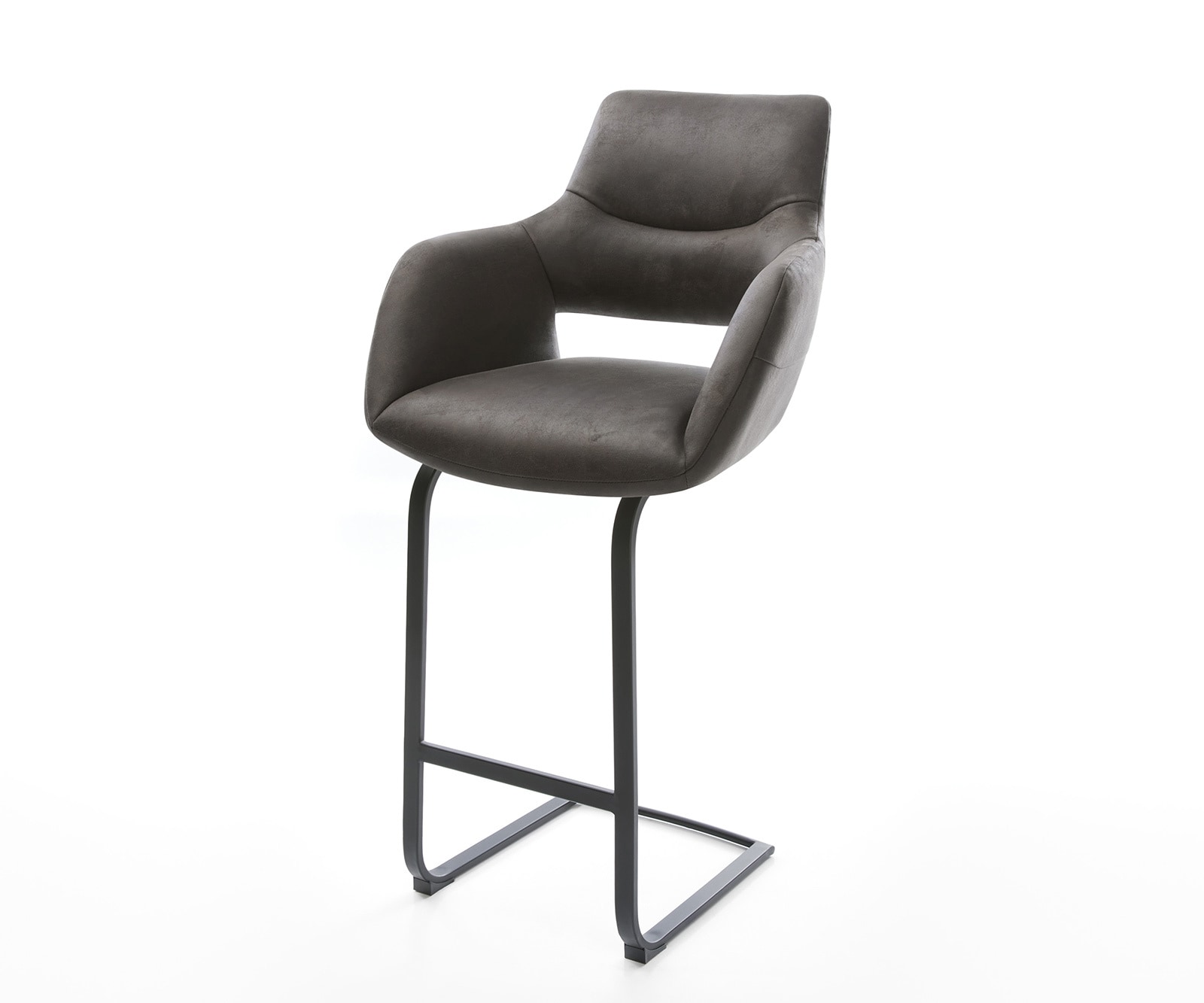 Chaise-de-bar Yago-Flex Microfibre Anthracite Vintage Piétement luge plat Métal Noir Ressorts ensachés Chaise-de-bar Yago-Flex Microfibre Anthracite Vintage Piétement luge plat Métal Noir Ressorts ensachés